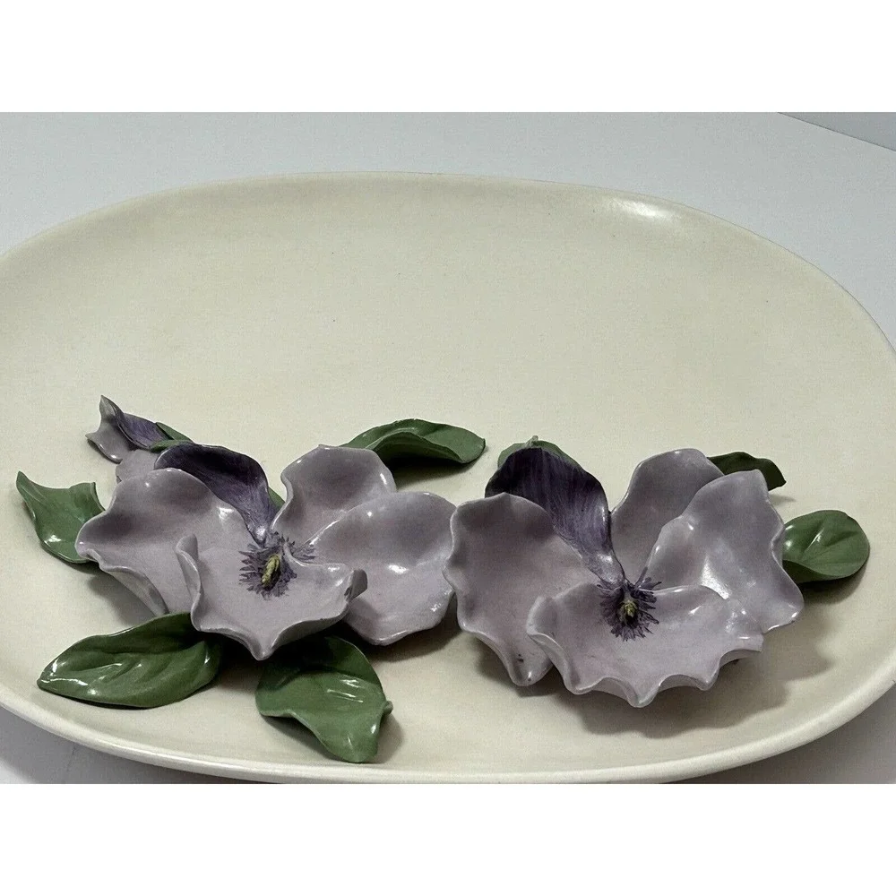 Pottery Art Square Plate With Purple‎ Flowers